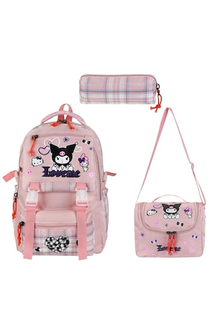 Kuromi Desenli Ekoseli Okul Çantası Folyolu Beslenme Ve Kalemlik Pembe