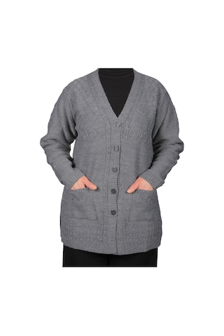 Fresh & Moda Kadın Gri Düğmeli Kısa Hırka 001