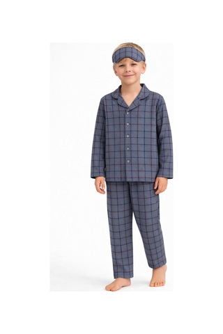 Beka Kids Erkek Çocuk Önden Düğmeli Kareli Pijama Takımı - Göz Bantlı Gri