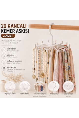 2 Adet 360 Derece Döner Başlıklı 20 Kancalı Kemer Askısı Fular Takı Ve Kravat Düzenleyici Askı Beyaz