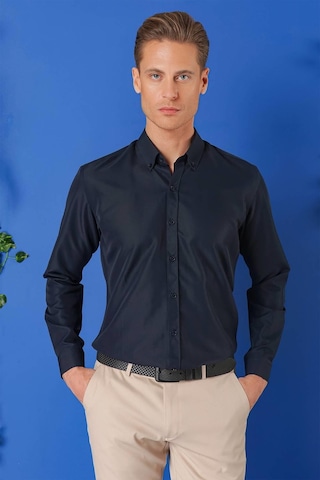 Efor Slim Fit Düğmeli Yaka Pamuklu Klasik Lacivert Gömlek Gk 715 Lacivert