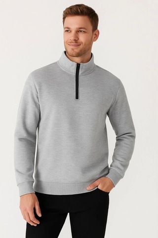 Cvs Giyim Erkek Dik Yaka Sweatshirt Dik Yaka Yarım Fermuarlı 3 İplik Şardonlu Pamuk Kumaş - Gri Gri