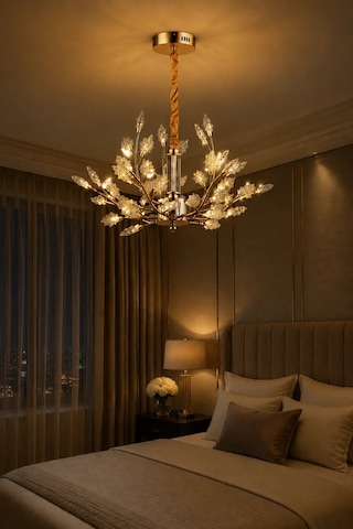 Modern Premium Yaprak Detaylı Gold Led Avize Salon Yemek Odası Dekoratif Sarkıt Avize 28w
