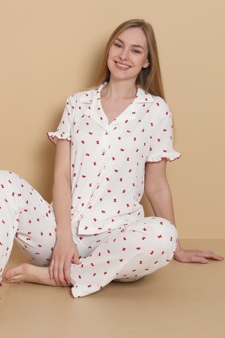 Wordex Mirano 3856 Desenli Bürümcük Gömlek Yaka Düğmeli Kısa Kollu Kadın Pijama Takımı Beyaz
