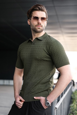 Madmext Haki Slim Fit Polo Yaka Triko Erkek Tişört E7472 Haki