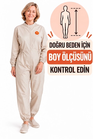 Bej Yaka Çiçekli Hasta Tulumu Demans Hasta Bakım Kıyafeti Sırt Fermuarlı
