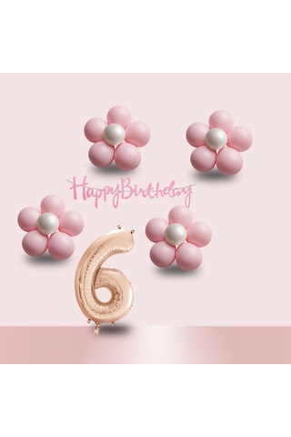 6 Yaş Pembe Papatya Temalı Rosegold Rakam Pembe Happy Birthday Banner Doğum Günü Süsleme