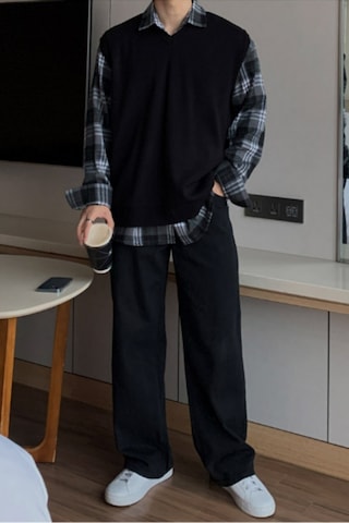 Cool Tarz Erkek Siyah V Yaka Oversize Süveter Siyah Siyah