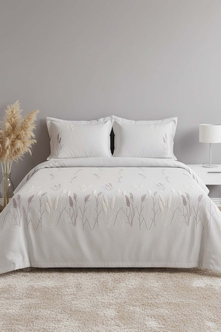 Açık Gri Willow Breeze Desen Çift Kişilik Nakışlı Yatak Örtüsü Seti