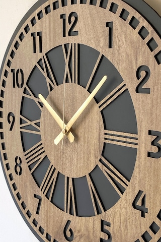 Remium Mat Siyah- Açık Kahverengi Duvar Saati 48cm Ahşap - Siyah