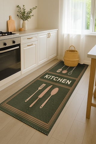 Turkıshrug Kıngdom Haki Kitchen Yazılı Halı Kaymaz Pamuk Taban, Dijital Baskı Çok Renkli