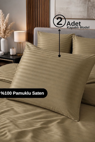 %100 Pamuk Saten Çizgili Kapaklı Yastık Kılıfı 2'li Lüx Otel Kalitesi 50x70 Haki