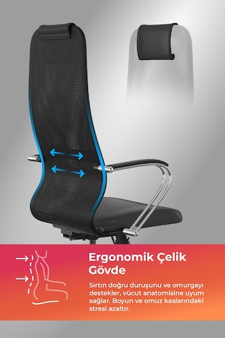 Ergolife Sit 8 Ofis Koltuğu Krom Ayaklı, Fileli, Yüksek Arkalıklı, Siyah, Bilgisayar Sandalyesi -1b9.55.1.403 Çok Renkli