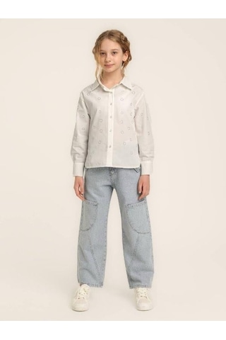 Kız Çocuk Pamuklu Uzun Kollu Taşlı Gömlek-15670 Beyaz