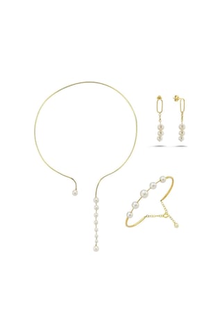 8,5 Mm Sallantılı Doğal İnci Küpe Kolye Bileklik Üçlü Set