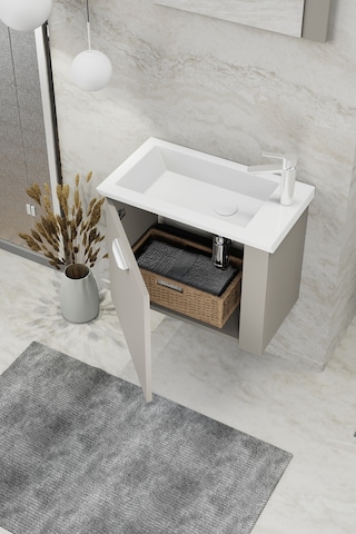 Biani Fix Maxila 60 cm Banyo Dolabı,Seramik Lavabolu, Aynalı,Lavabo Dahil,Mdf,Latte