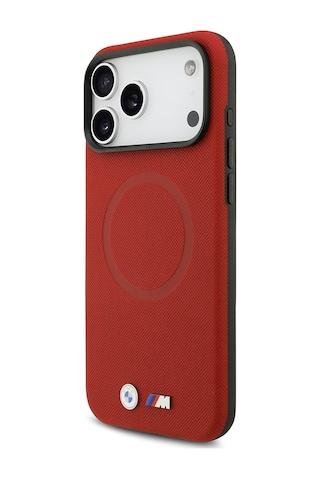 İphone 17 Pro Max Uyumlu Kılıf Bmw Lisanslı M-safeli Metal Logo Delikli M Dizayn Deri Kapak Kırmızı Kirmizi