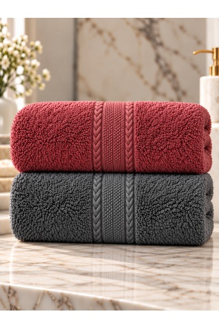 Puffy 2 Adet %100 Bambu Renkli Çavuş Desenli Ultura Yumuşak 50x85 Cm Havlu / Yüz Havlusu / Saç Havlusu / Çeyiz Seti Mürdüm