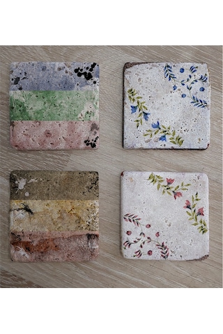 Çiçekli Desenler Doğal Taş Bardak Altlığı 4'lü Set - Natural Stone Coasters-174252 Çok Renkli