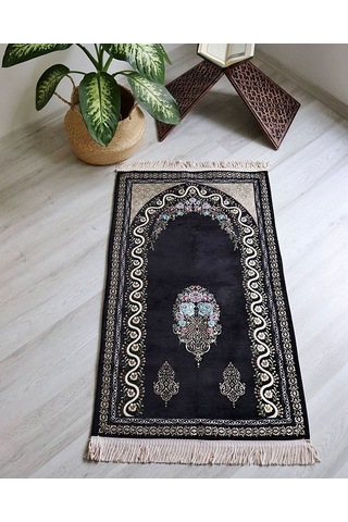 Kadife Astarlı Seccade Ve Kristal Tesbih Özel Kutulu Lüks Hediyelik Çeyizlik Set Siyah