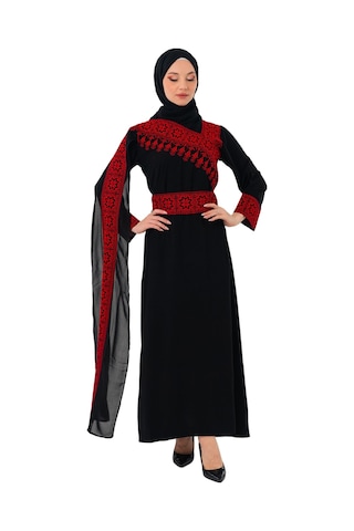 Zaytoon Eğimli Omuz Uzun Ve Açık Kollu Filistin Nakışlı Elbise M-3xl C100050 Siyah