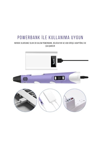 Mor 3D Kalem 3D Pen Yazıcı Kalem – 3 Adet 3 Metrelik PLA Filament (Toplam 9M) + USB Kablo