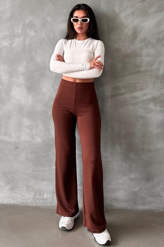 Kahverengi Yüksek Bel Düz Model Kadın İspanyol Paça Tayt Pantolon Mg2288 Kahverengi