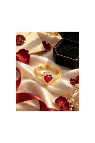 Esoo Jewelry Zirkon Taşlı Ayarlanabilir Kadın Yüzük Altın Renk Pirinç - Kırmızı Zirkon