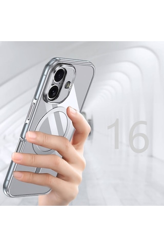 Apple iPhone 16 Plus Uyumlu Kılıf Magsafe Şarj Özellikli Wlons Standlı Efsane Kapak Gri
