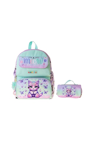 Kaukko Kids Meow Yeşil - Mor Kız Çocuk İlkokul Sırt Çantası Ve Kalem Çantası Seti - Setkk-l5288c Çok Renkli