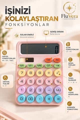 Pastel Pembe Renkli Hesap Makinesi Güneş Enerjili Ve Pilli Büyük Ekranlı Masaüstü Hesap Makinesi Ofis Okul Ev Kullanım Diğer