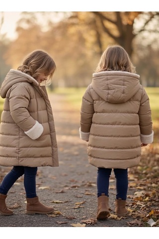 Boutiguestyles Kız Çocuk Şişme Mont Kürklü Açık Kahve Sedefli Işıltılı Çıkarılabilir Kapüşonlu Fermuarlı Kahverengi