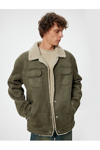 Koton Süet Görünümlü Ceket Slim Fit Peluş Detaylı Gömlek Yaka Haki 5wam20075hw Haki