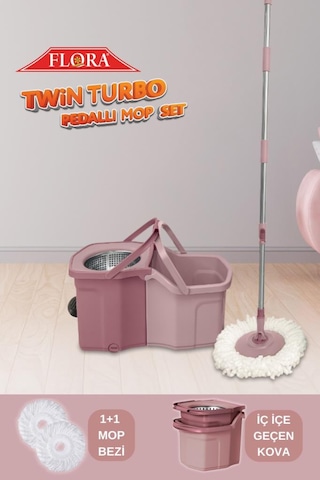 Twin Turbo Pedallı Çelik Mop Set, Temiz Ve Kirli Suyu Ayıran Otomatik Temizlik Seti 1+1 Mop Pembe