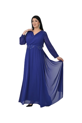 Lilas Xxl Kadın Büyük Beden Uzun Şifon Abiye Elbise 9573 Saks Saks Mavi