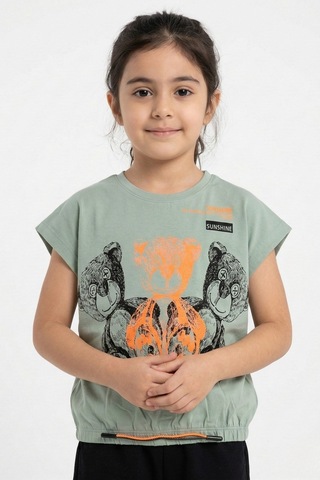 New Kids Ayıcık Baskılı Büzgü Detaylı Kısa Kol Kız Çocuk Tişört-91125 Mint