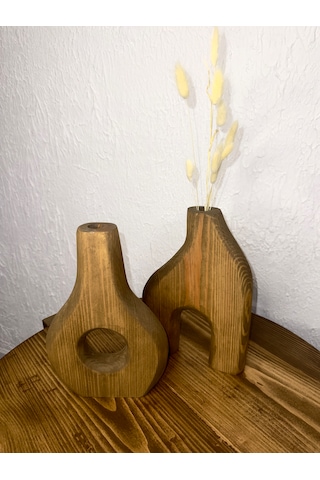 O&a Wood Doğal Ahşap Dekoratif Ikili Takım Biblo Vazo Koyu Meşe