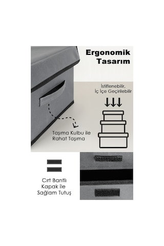 3'lü Kapaklı Saklama Kutusu Seti - Çok Amaçlı Dolap İçi Organizer Çamaşır Oyuncak Düzenleyici Gri Gri