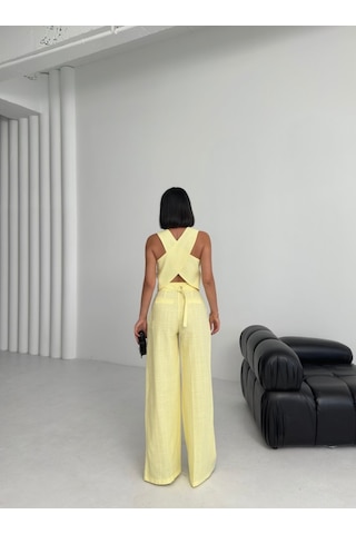 Keten Sirti Çapraz Geçi Şli Cepken Pantolon Takim Sari