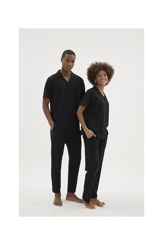 Angbutik Kocabey Kkt-26150k Kadın Apaj Yaka Boydan Düğmeli Pijama Takımı Siyah