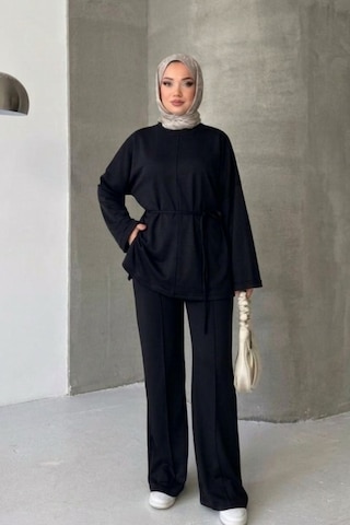 Thiff Tesettür Önü Bağlamalı Oversize Çimalı Modal Takım Siyah