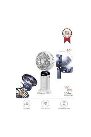 Torima F-19 Beyaz Dijital Ekranlı Şarjlı 90 Derece Ayarlanabilir Başlıklı Mini Masa Fan Vantilatör