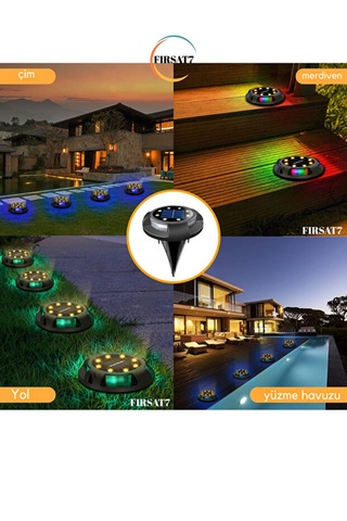 4 Adet 12 Ledli Solar Güneş Enerji Otomatik Yanma Rgb Rengarenk Toprağa Saplamalı Bahçe Aydınlatma