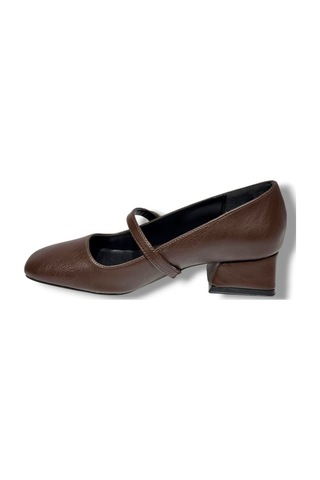 Cshoes 175-26 Cilt Deri Bantlı Kısa Kare Topuklu Kadın Ayakkabı Kahverengi