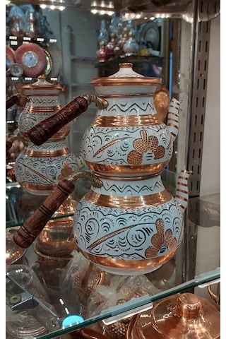 Bakır Çaydanlık El Işlemesi Çiçek Desenli Beyaz Renk İşlemeli Beyaz
