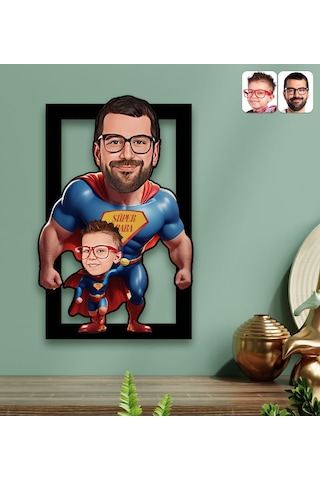 Bk Gift Kişiye Özel Süper Baba-çocuk Karikatürlü 3d Ahşap Tablo-2, Babalar Günü Hediyesi, Babaya Hediye Kobitmeyencom31594 Bk