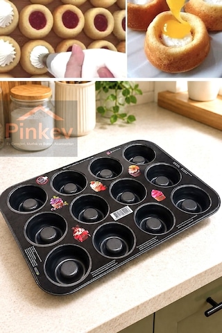 12 Bölmeli Yapışmaz Teflon Kaplama Çelik Muffin Kek Kalıbı Siyah