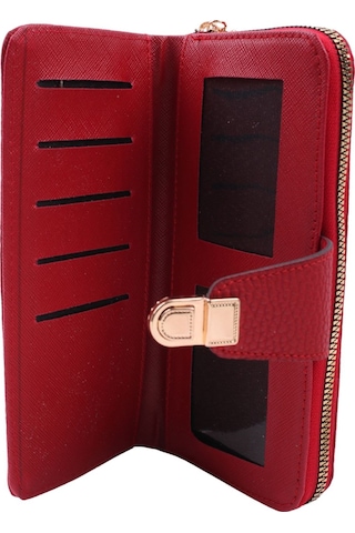 Galb Leather Büyük Boy 2 Fermuarlı Bozuk Para Bölmeli Kağıt Para Bölmeli 6 Kart Bölmeli Kadın Cüzdan 19x10 Cm Kırmızı