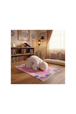 Baskılı Pembe Kız Çocuk Namaz Seccadesi Pembe-b