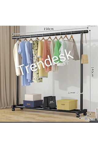 Metal Siyah Konfeksiyon Askısı Ayaklı Askılık Elbise Askılığı Tekerlekli 150 140cm Siyah